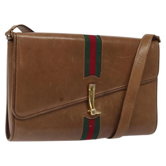 GUCCI Web Sherry Line Shoulder Bag Leather Brown Gold - Picture 1 of 16